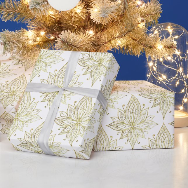 Elegant White Gold Lotus Flower Pattern Wrapping Paper (Holidays)