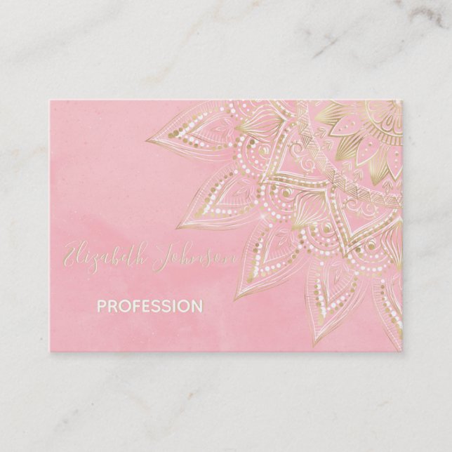 Elegant White & Gold Mandala Blush Pink Design Business Card (Front)