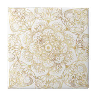 Elegant White Gold Mandala Floral  Ceramic Tile