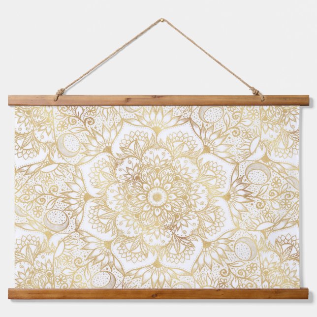 Elegant White Gold Mandala Floral  Hanging Tapestry (Front)