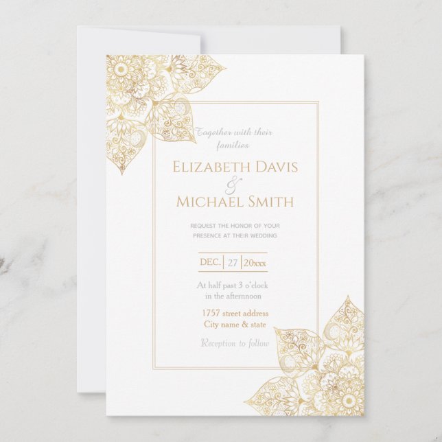 Elegant White Gold Mandala Floral  Invitation (Front)