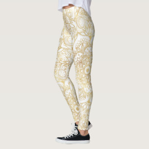 Elegant White Gold Mandala Floral  Leggings