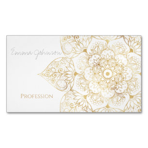 Elegant White Gold Mandala Floral Magnetic Business Card
