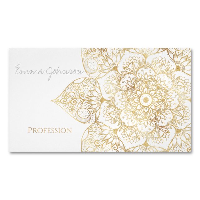 Elegant White Gold Mandala Floral  Magnetic Business Card (Front)