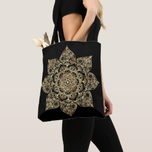 Elegant White Gold Mandala Floral Tote Bag
