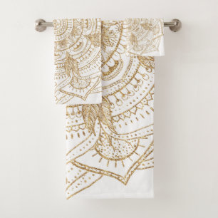 Elegant White & Gold Mandala Hand Drawn Design Bath Towel Set
