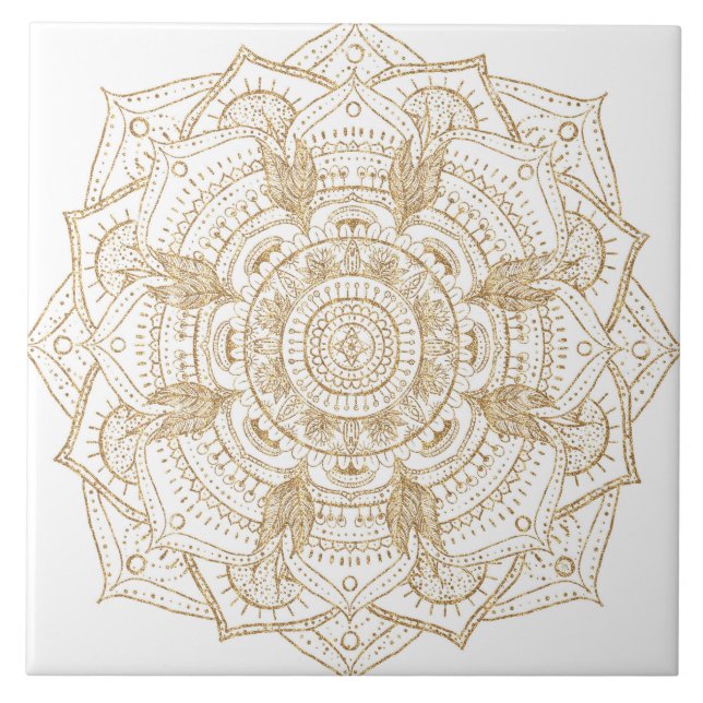 Elegant White & Gold Mandala Hand Drawn Design Ceramic Tile (Front)