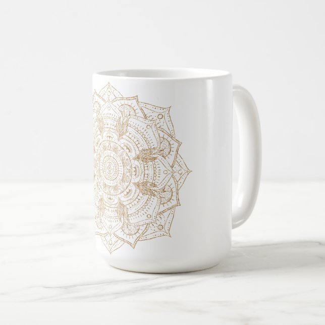 Elegant White & Gold Mandala Hand Drawn Design Coffee Mug (Front Right)