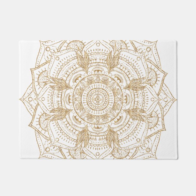 Elegant White & Gold Mandala Hand Drawn Design Doormat (Front)