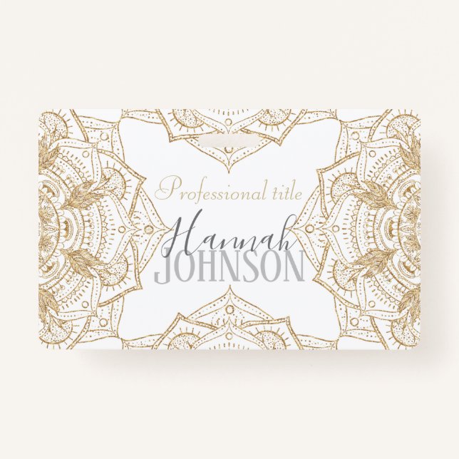 Elegant White & Gold Mandala Hand Drawn Design ID Badge (Front)