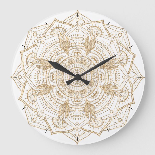 Elegant White & Gold Mandala Hand Drawn Design Large Clock (Front)
