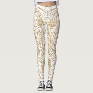 Elegant White & Gold Mandala Hand Drawn Design Leggings