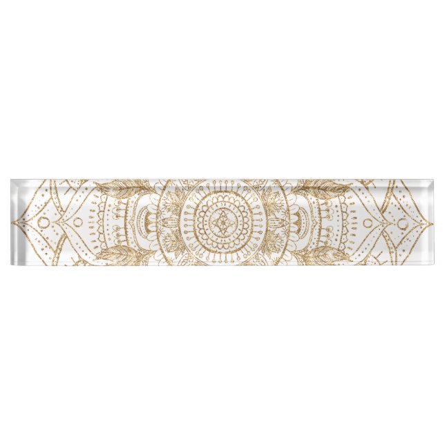 Elegant White & Gold Mandala Hand Drawn Design Nameplate (Front)