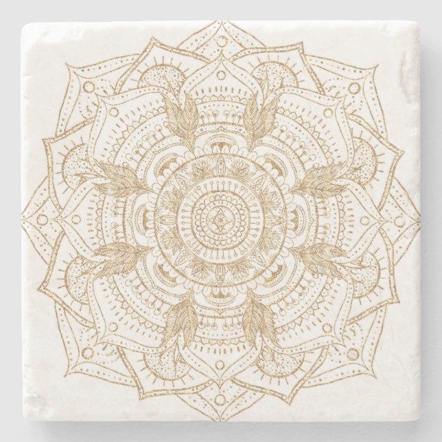 Elegant White & Gold Mandala Hand Drawn Design Stone Coaster (Front)