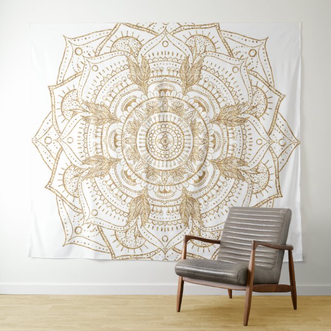 Elegant White & Gold Mandala Hand Drawn Design Tapestry (In Situ (Horizontal))