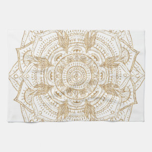 Elegant White & Gold Mandala Hand Drawn Design Tea Towel
