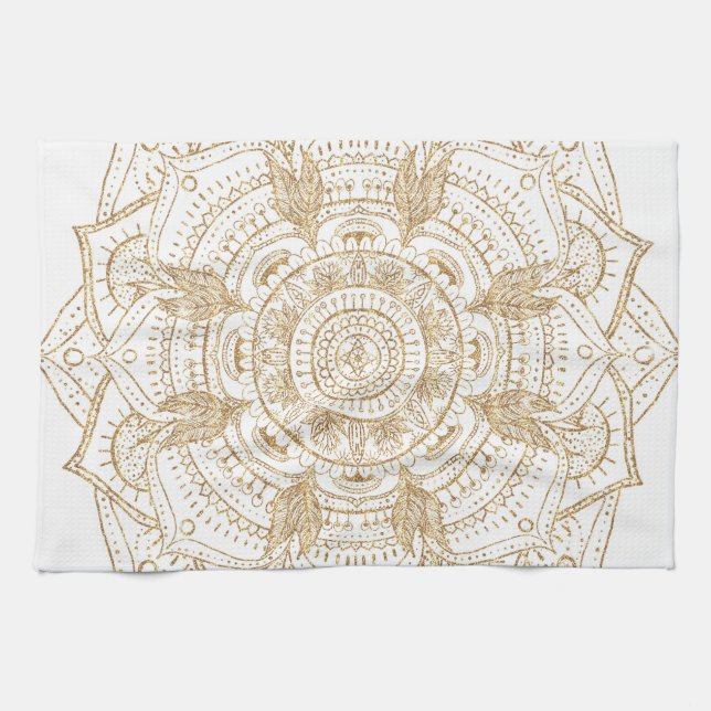 Elegant White & Gold Mandala Hand Drawn Design Tea Towel (Horizontal)