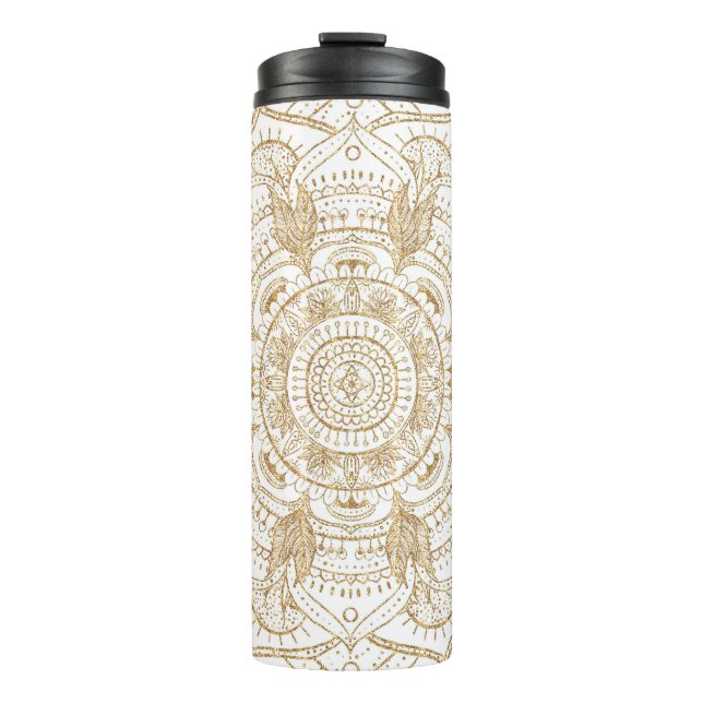 Elegant White & Gold Mandala Hand Drawn Design Thermal Tumbler (Front)