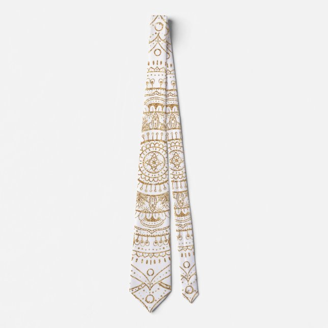 Elegant White & Gold Mandala Hand Drawn Design Tie (Front)