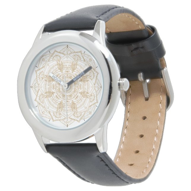 Elegant White & Gold Mandala Hand Drawn Design Watch (Angled)