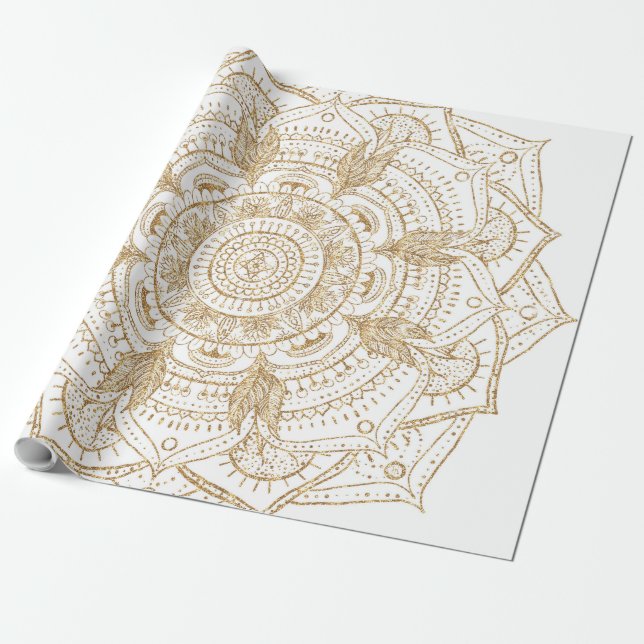 Elegant White & Gold Mandala Hand Drawn Design Wrapping Paper (Unrolled)