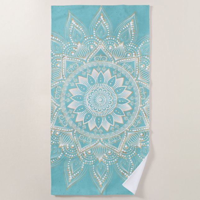 Elegant White Gold Mandala Sky Blue Design Beach Towel (Front)