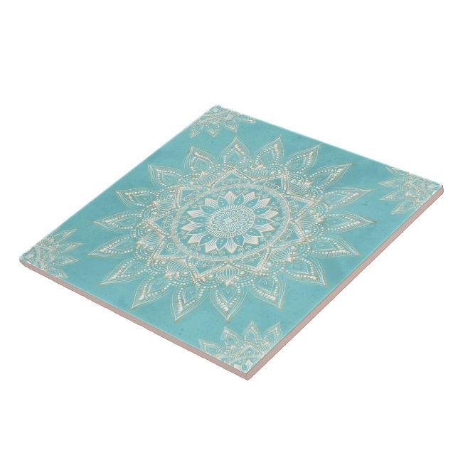 Elegant White Gold Mandala Sky Blue Design Ceramic Tile (Side)