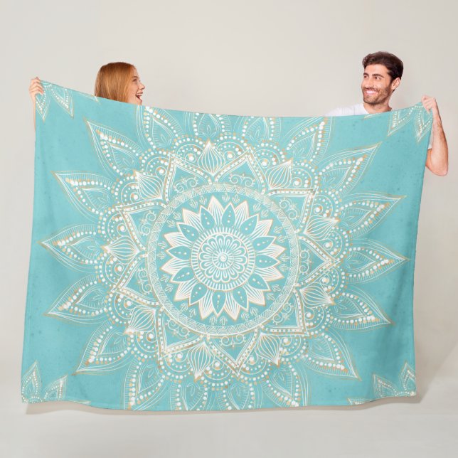 Elegant White Gold Mandala Sky Blue Design Fleece Blanket (In Situ)