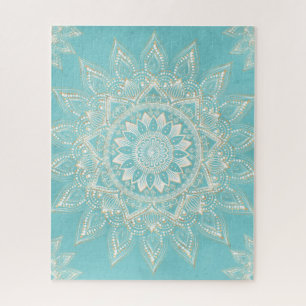 Elegant White Gold Mandala Sky Blue Design Jigsaw Puzzle
