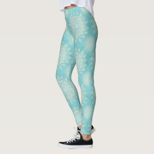Elegant White Gold Mandala Sky Blue Design Leggings