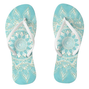 Elegant White Gold Mandala Sky Blue Design Thongs