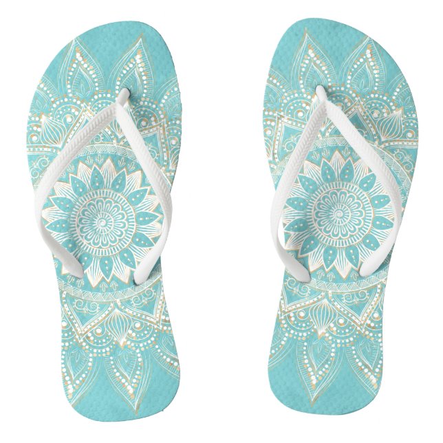 Elegant White Gold Mandala Sky Blue Design Thongs (Footbed)