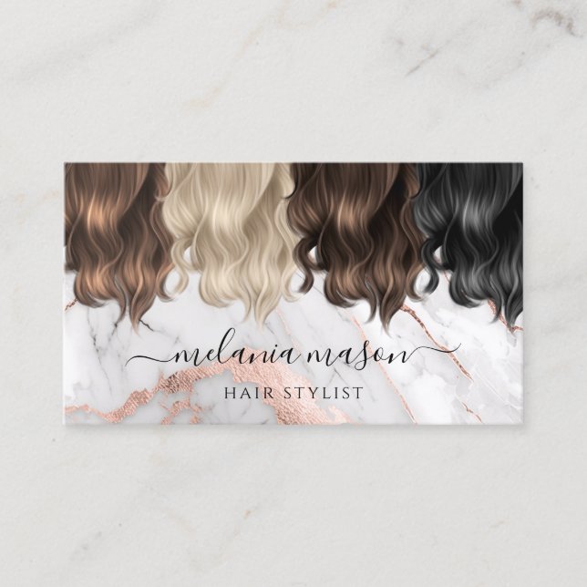 Elegant White Gold Marble Colourful Hair Stylist  Business Card (Front)