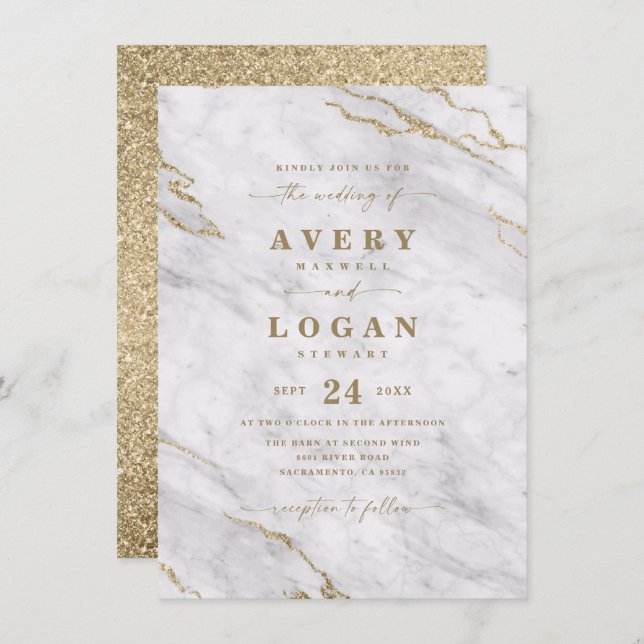 Elegant White & Gold Marble & Glitter Wedding Invi Invitation (Front/Back)