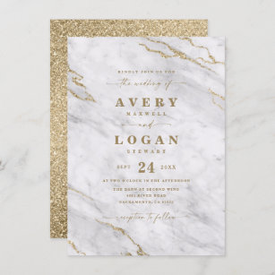 Elegant White & Gold Marble & Glitter Wedding Invi Invitation