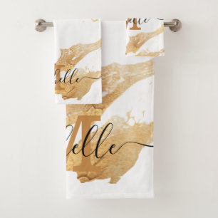 Elegant White Gold Marble Monogram Customisable Bath Towel Set