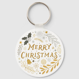 Elegant White & Gold Merry Christmas Key Ring