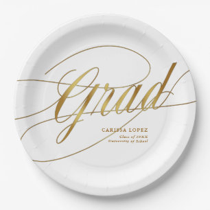 Elegant White & Gold Minimalist Grad Calligraphy Paper Plate