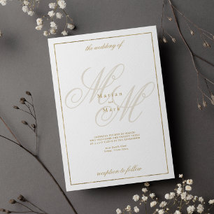 Elegant white gold monogram initials wedding invitation