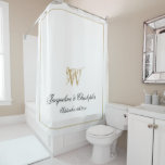Elegant White Gold Monogram Names Newlywed Wedding Shower Curtain<br><div class="desc">Elegant White Gold Monogram Names Newlywed Wedding Shower Curtain. Personalised white and gold monogrammed Shower Curtain with classic script for the initial, the names of the bride and groom and the wedding date on a classy chic white background. Perfect gift for newly weds, or beautiful for your own bathroom. Click...</div>