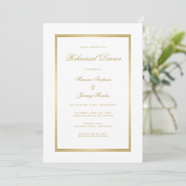 Elegant White Gold Monogram Rehearsal Dinner Invitation (Standing Front)