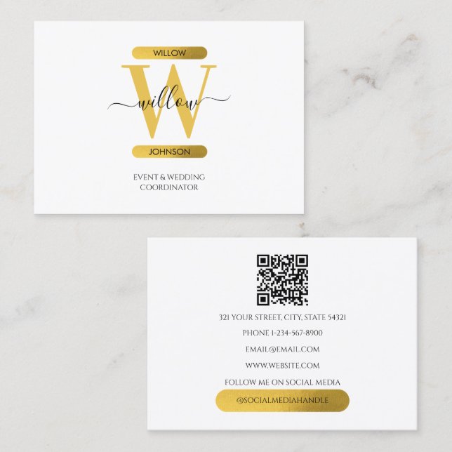 Elegant White Gold Monogram Social Media QR Code Business Card (Front/Back)