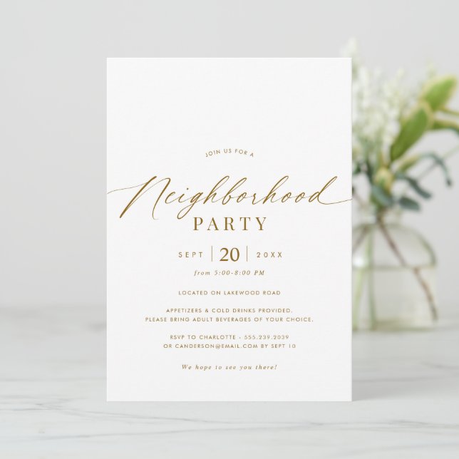 Elegant White & Gold Neighbourhood Gathering Party Invitation (Standing Front)