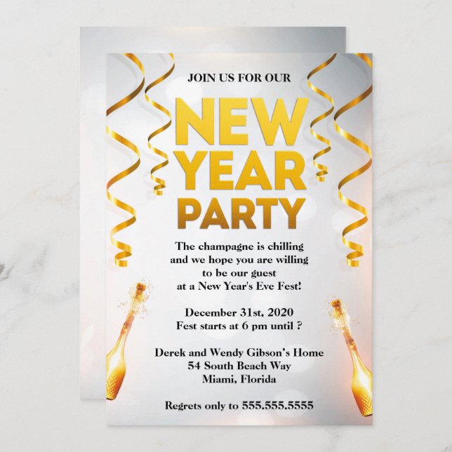 Elegant White & Gold New Years Eve Party Invitation (Front/Back)
