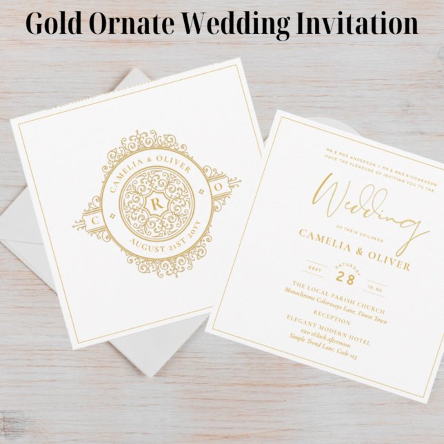Elegant White Gold Ornate Square WEDDING Classic I Invitation (Creator Uploaded)