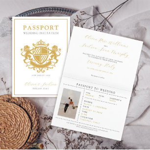 Elegant White & Gold Passport Destination Wedding Invitation