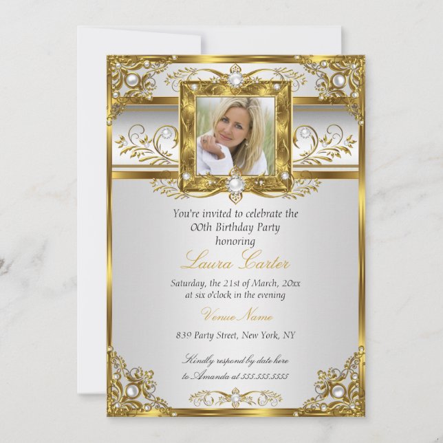 Elegant White Gold Pearl Damask Photo Birthday 4 Invitation (Front)