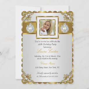 Elegant White Gold Pearl Damask Photo Birthday Invitation