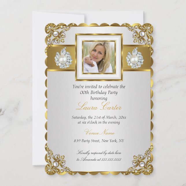 Elegant White Gold Pearl Damask Photo Birthday Invitation (Front)