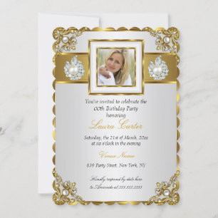 Elegant White Gold Pearl Damask Photo Birthday Invitation